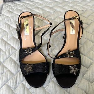 INC Black satin & rhinestone celestial high heeled sandals size 9.5